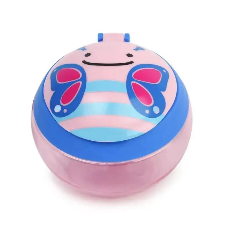 Skip Hop Zoo Snack Cup in butterfly design, featuring a smiling face and colorful wings, ideal for snacks.