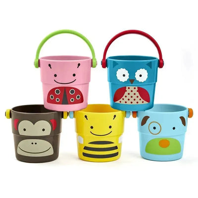 Colorful stackable buckets featuring animal designs: ladybug, owl, monkey, bee, and dog. Ideal for bath time play.
