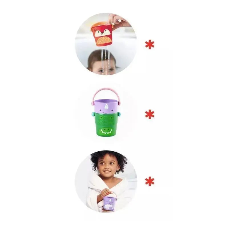 Colorful Skip Hop Zoo Stack & Pour Buckets Bath Toys, featuring animal designs, in use with a child in a bath setting.