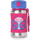 Stainless steel straw bottle with a pink sleeve featuring a smiling butterfly design and a blue lid.
