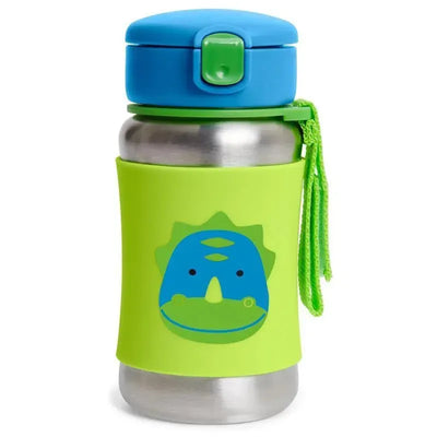 Stainless steel straw bottle featuring a blue dinosaur design on a green sleeve with a blue lid.