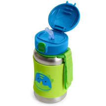 Stainless steel straw bottle in green and blue, featuring a dinosaur design, with a flip-top lid and carrying strap.