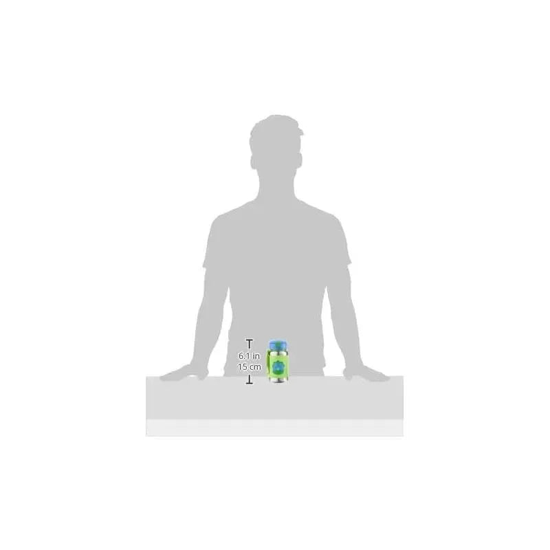 Skip Hop Zoo Stainless Steel Straw Bottle in Dino design, standing upright on a table with a silhouette of a person behind it.