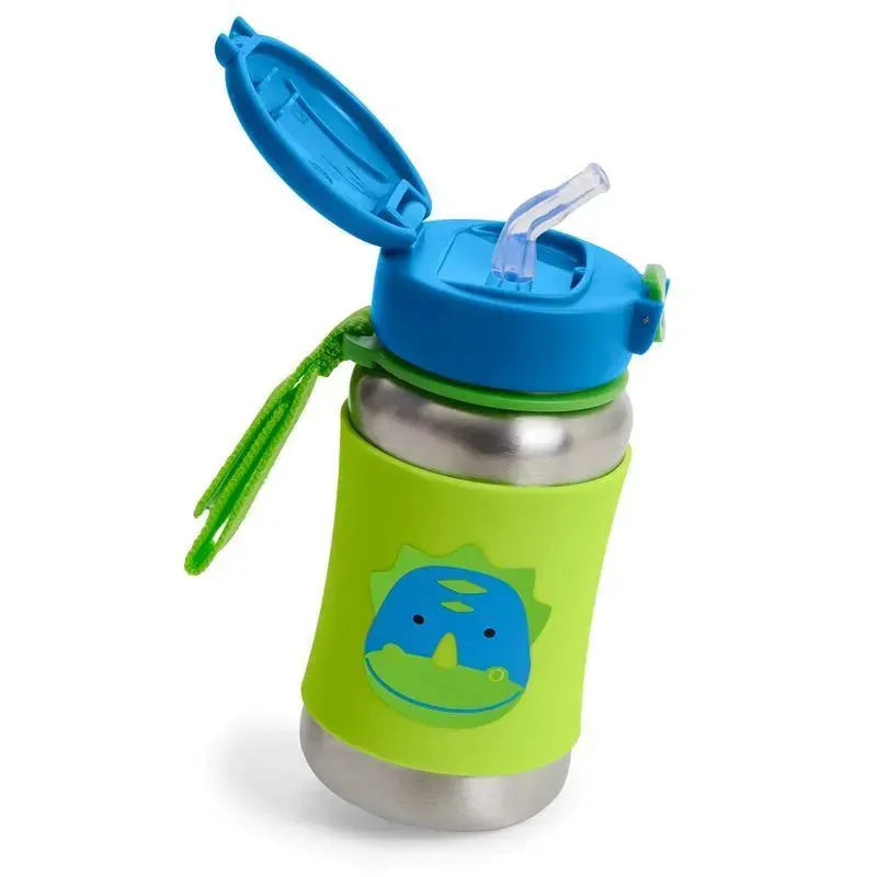 Stainless steel straw bottle featuring a dino design with a blue cap and green silicone sleeve for grip.