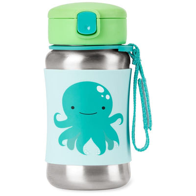 Stainless steel straw bottle featuring a cute octopus design, with a green lid and a blue silicone sleeve.