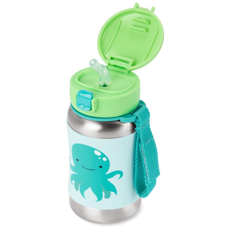 Stainless steel straw bottle featuring an octopus design, with a green lid, straw, and carrying strap.