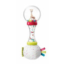 Sophie La Girafe Soft Maracas Rattle features a giraffe figure inside a clear ball, surrounded by colorful beads and a fabric base.
