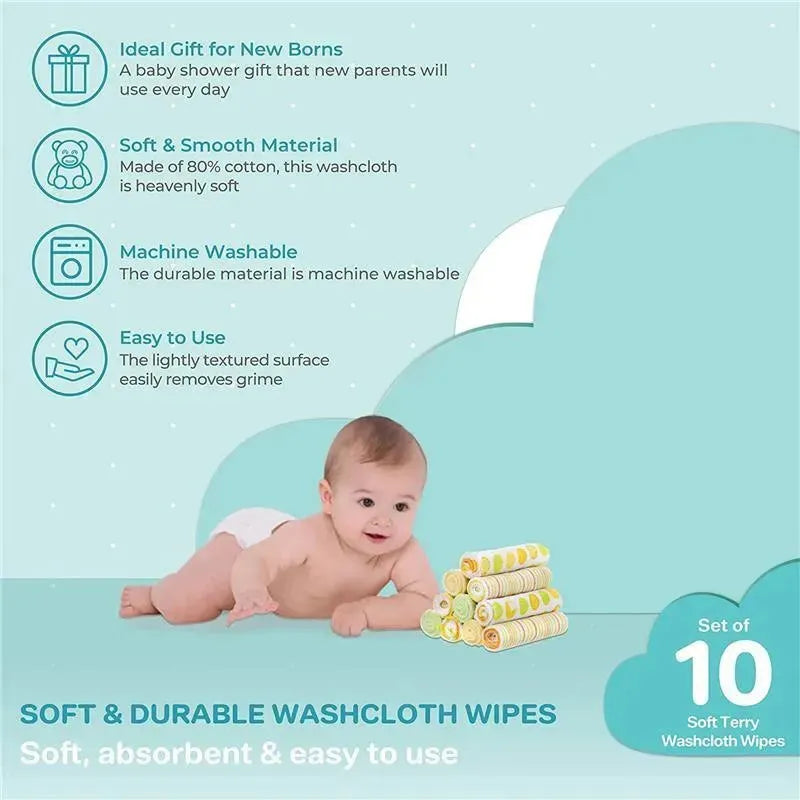Soft terry washcloths in a stack with yellow and green polka dots, ideal for newborns, displayed beside a baby.