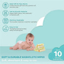 Soft terry washcloths in a stack with yellow and green polka dots, ideal for newborns, displayed beside a baby.