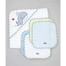 Hooded towel with blue whale design and four matching washcloths in light blue and white, trimmed with green stripes.