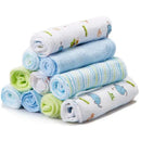 Set of ten rolled washcloths in various colors, featuring a blue elephant design and playful patterns.