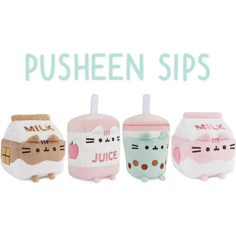 Plush toy set featuring four Pusheen characters styled as drinks: chocolate milk, fruit juice, and two milk cartons.