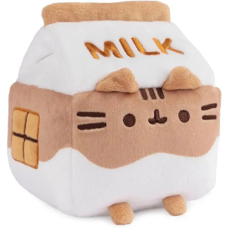 Plush milk carton toy with a cat face, featuring the word “MILK” and brown accents.