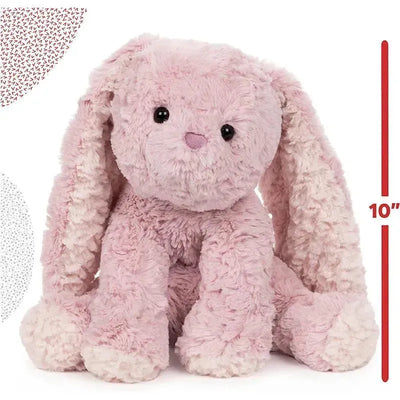 Soft, pink bunny plush from the Cozys Collection, featuring long ears and a cuddly body, measuring 10 inches tall.