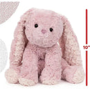 Soft, pink bunny plush from the Cozys Collection, featuring long ears and a cuddly body, measuring 10 inches tall.