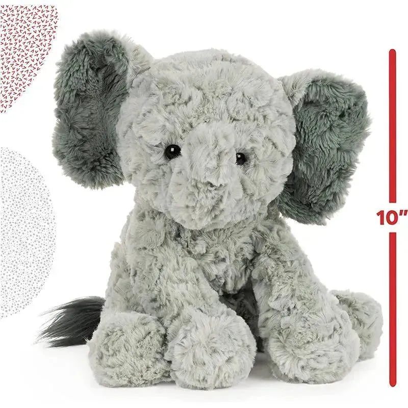 Gray plush elephant stuffed animal with large ears, measuring 10 inches tall, soft texture, suitable for cuddling.