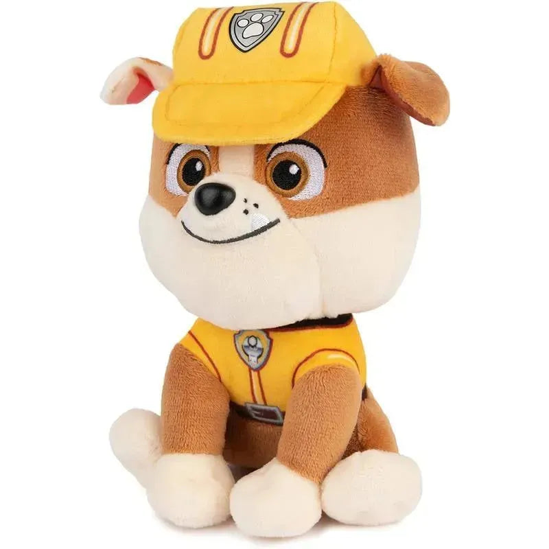 Plush toy of Rubble from PAW Patrol, wearing a yellow construction uniform and cap, suitable for ages 1+.