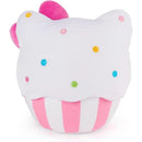 Hello Kitty plush cupcake, featuring a pink and white design with colorful polka dots and a cute face.