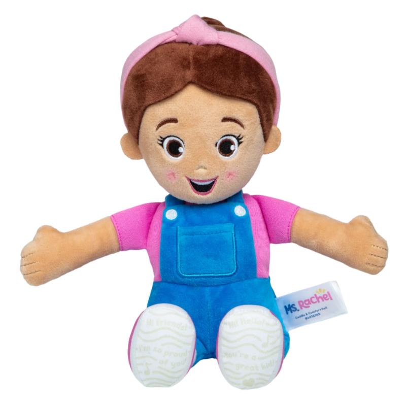 Cuddly doll of Ms. Rachel wearing a pink shirt and blue overalls, smiling with arms open for hugging.