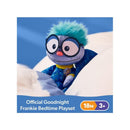 Plush toy of Frankie from Ms. Rachel in pajamas, featuring round glasses, blue hair, and a smiling face, labeled as a bedtime playset.