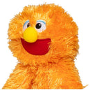 Huggable, bright orange security blanket featuring a smiling character with a round yellow nose and red mouth.