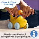 Yellow toy vehicle with a figure, featuring hands interacting with it. Text highlights cause and effect learning.