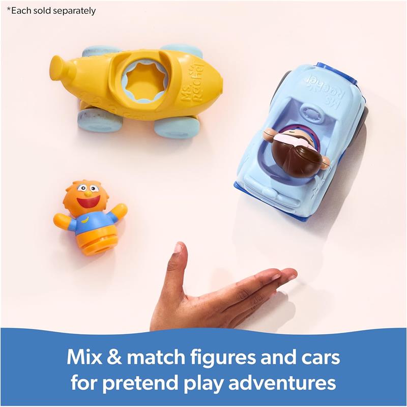 Spin Master Ms. Rachel vehicle set featuring a blue car, a yellow vehicle, and a click-in figure, promoting imaginative play.