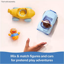 Spin Master Ms. Rachel vehicle set featuring a blue car, a yellow vehicle, and a click-in figure, promoting imaginative play.