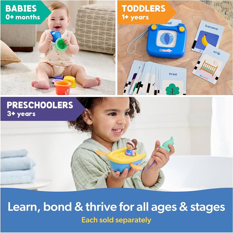 Varied educational toys for different age groups: colorful stacking cups for babies, a learning camera and flashcards for toddlers, and a toy boat with a character for preschoolers.