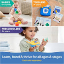 Varied educational toys for different age groups: colorful stacking cups for babies, a learning camera and flashcards for toddlers, and a toy boat with a character for preschoolers.