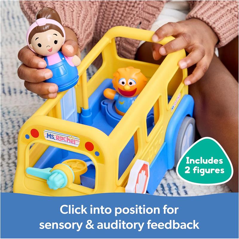 Yellow educational school bus toy with two figures, Ms. Rachel and a character, designed for sensory and auditory play.