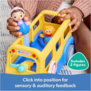 Yellow educational school bus toy with two figures, Ms. Rachel and a character, designed for sensory and auditory play.