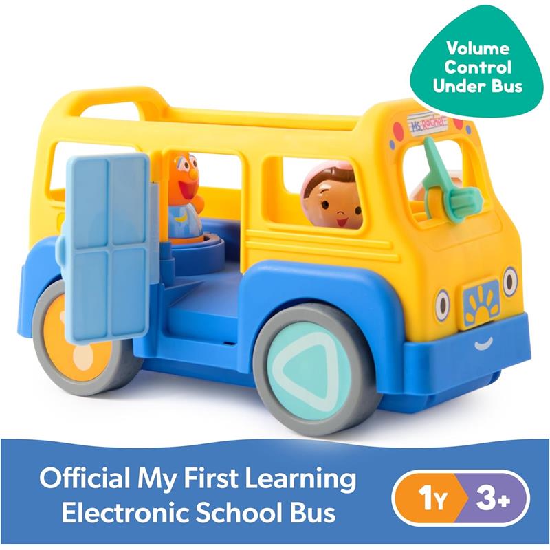 Educational toy school bus in bright yellow and blue, featuring two figures and a volume control label.