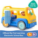 Educational toy school bus in bright yellow and blue, featuring two figures and a volume control label.