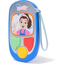 Blue toy phone featuring Ms. Rachel, with buttons for interaction and a colorful, engaging design for learning.