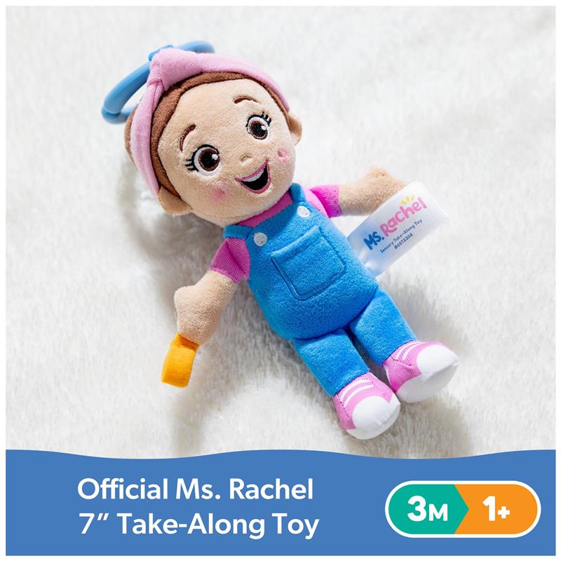 7-inch Ms. Rachel plush toy with blue overalls, pink shirt, and a cheerful expression, featuring a take-along design.