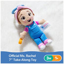 7-inch Ms. Rachel plush toy with blue overalls, pink shirt, and a cheerful expression, featuring a take-along design.