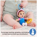 Sensory Take-Along Toy featuring a plush character with a ring and bead attachment, designed to enhance hand-eye coordination.