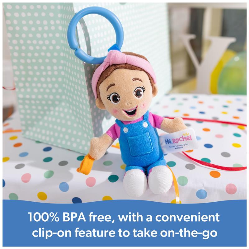 Sensory Take-Along Toy featuring Ms. Rachel with a clip-on ring, colorful outfit, and BPA-free materials.