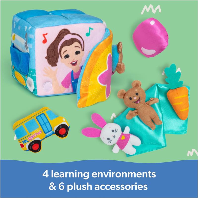 Soft learning box featuring Ms. Rachel, with plush toys including a bear, bunny, and vehicle, promoting interactive play.