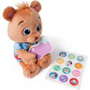 Plush teddy bear holding a purple soap-shaped toy, with a sheet of colorful reward stickers beside it.