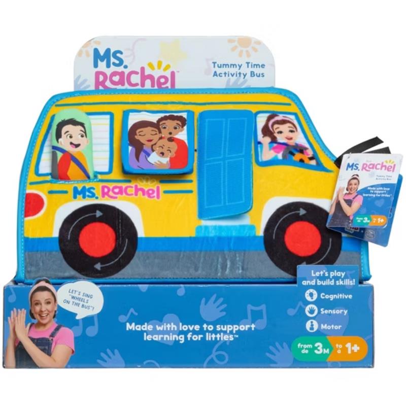 Spin Master Ms. Rachel Tummy Time Activity Bus toy featuring bright colors, interactive elements, and educational themes for young children.