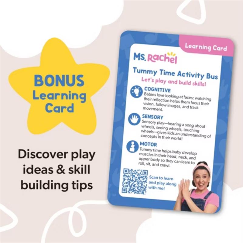 Bonus learning card for the Spin Master Ms. Rachel Tummy Time Activity Bus, highlighting play ideas and skill-building tips.