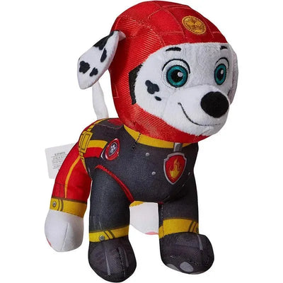 Paw Patrol 8-inch plush Moto Pups Marshall toy, featuring a red helmet, black and yellow outfit, and cheerful expression.