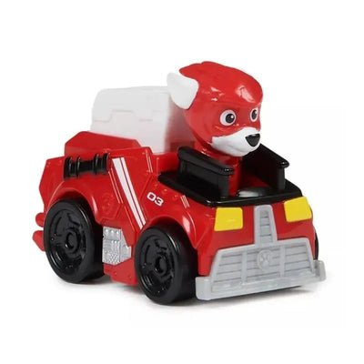Red toy vehicle featuring a puppy character, resembling Marshall from Paw Patrol, designed for play.