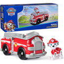 Red fire engine toy with a collectible Marshall figure, featuring wheels, ladder, and a box design showcasing the Paw Patrol brand.