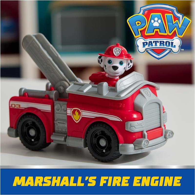 Paw Patrol toy car featuring Marshall in a red fire engine with a movable ladder and a fire emblem.