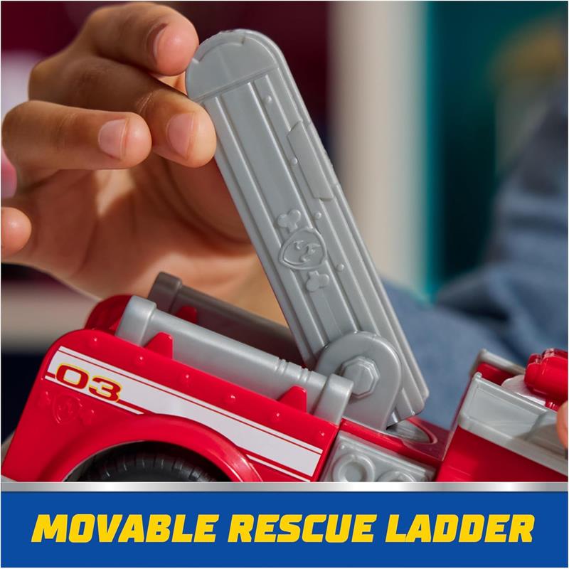 Paw Patrol toy car with a movable rescue ladder, held by a child, showcasing details in red and gray.