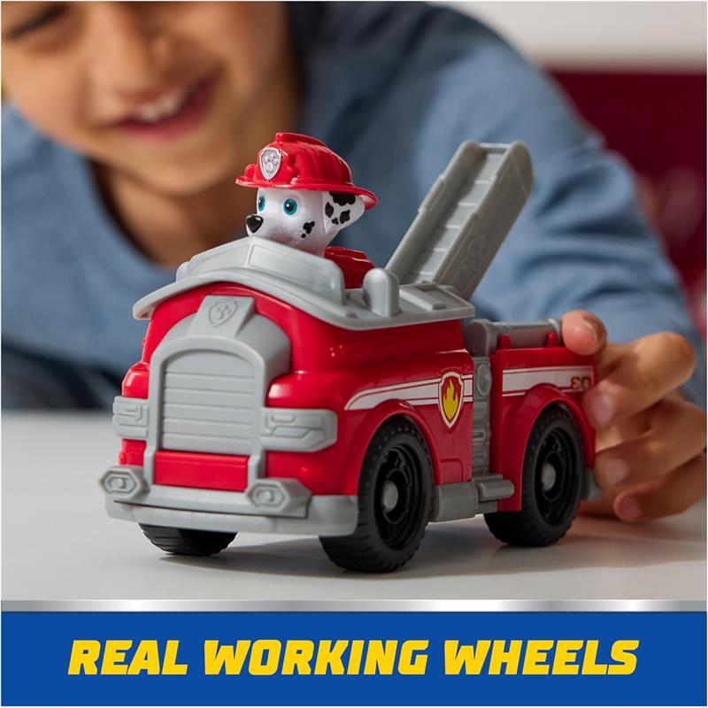 Paw Patrol toy car featuring a Marshall action figure, promoting play with real working wheels.