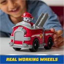 Paw Patrol toy car featuring a Marshall action figure, promoting play with real working wheels.